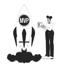 Poster - female entrepreneur launching mvp startup rocket doodle line illustration concept. start-up founder 
