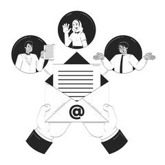 Fototapete - Business email communication doodle line illustration concept. Office workers correspondence. Collaborative messaging online employees 2D outline characters isolated. Hand drawn metaphor monochrome