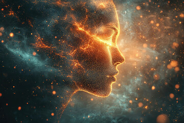 Aufkleber - A luminous face emerges from cosmic dust and energy, a mesmerizing blend of the ethereal and human.
