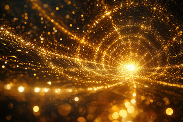 Poster - Golden vortex of light and energy, a mesmerizing cosmic tunnel of sparkling particles.