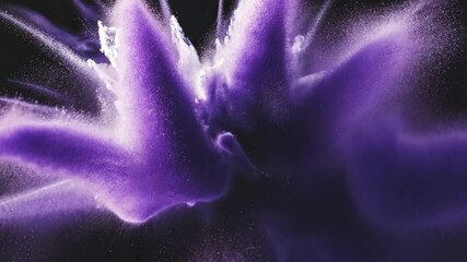 Poster - Abstract purple color explosion, powder scattering in space, artistic vibrant pigment cloud on dark background, vivid violet burst