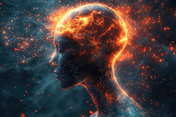 Poster - Fiery energy flows through a digital head, creating a stunning visualization of intense mental power or cosmic connection.