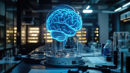 Poster - Medical researcher analyzing futuristic brain scan data on a high-tech screen,neuroscience innovation,artificial intelligence in healthcare,neurological diagnostics,brain activity visualization.banner