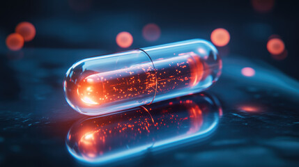 Poster - A tiny clear capsule containing nanotechnology inside, representing a futuristic breakthrough in nanomedicine, showcasing innovative medical applications advanced technology in healthcare field,banner