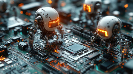 Poster - Futuristic nanorobots actively assembling a circuit board, showcasing advanced nanotechnology, precision engineering, the future electronic manufacturing, symbolizing innovation and automation,banner