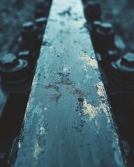Poster - Moody close up of weathered blue steel beam with peeling paint and rusty bolts industrial detail