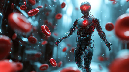 Poster - Nanorobot traveling through the human bloodstream, showcasing the futuristic use of nanotechnology for targeted drug delivery, medical treatment,body healing from within the circulatory system.banner