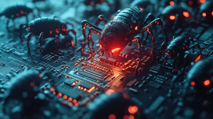 Poster - Futuristic nanorobots actively assembling a circuit board, showcasing advanced nanotechnology, precision engineering, the future electronic manufacturing, symbolizing innovation and automation,banner