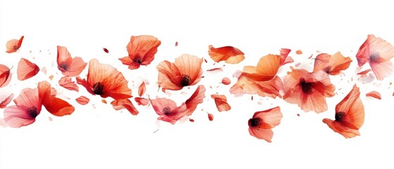 Poster - Elegant arrangement of vibrant poppy flowers and petals against a clean white background creating a serene and artistic floral design