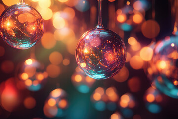 Poster - Reflective glass ornaments hanging against a backdrop of warm, blurred bokeh lights, creating a festive and magical atmosphere.
