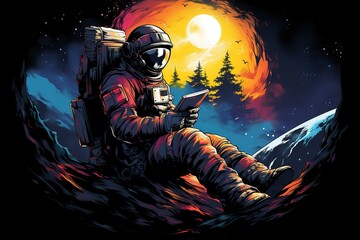 Wall Mural - knowledge postcard profile view astronaut in a spacesuit and helmet sits on alien planet surface rea