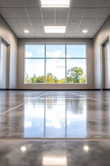 Poster - Bright modern office interior with large window overlooking green trees and blue sky polished floor reflecting light clean lines and contemporary design