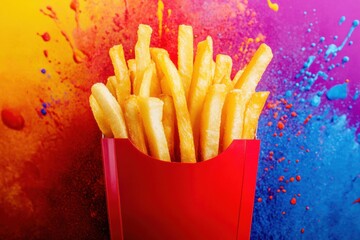 Poster - Golden crispy french fries in a red fast-food container against a vibrant color splash background creating a high-energy visual impact