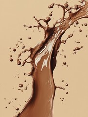 Poster - Dynamic chocolate splash on beige backdrop showcasing liquid motion and smooth texture in a studio shot capturing the essence of indulgence and dessert