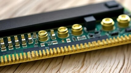 Aufkleber - Close-up of a vibrant green circuit board featuring golden terminals and cylindrical components on a wood surface.
