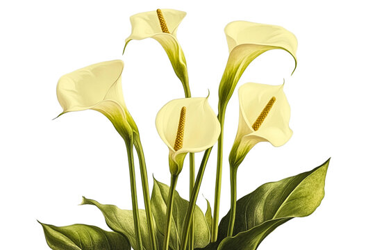 A delicate illustration of white calla lilies with vibrant green leaves and a yellow spadix, showcasing their elegant and timeless beauty against a transparent background