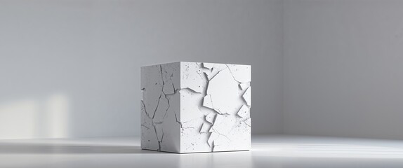 Fototapete - Standing Cube with Broken Surface Design in Abstract Studio Setting