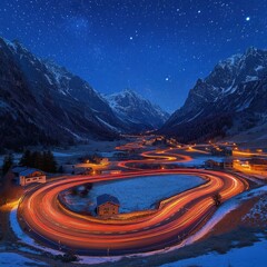 Poster - Captivating Nightscape of Serpentine Road Through Snowy Mountain Valley Under Starry Sky Long Exposure