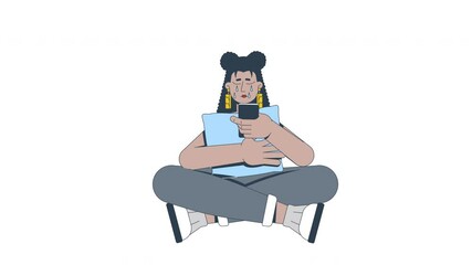 Poster - Crying latina woman cross-legged holding phone and pillow 2D character animation. Bad news. Mobile heartbreak. Hispanic girl with tears animated person cartoon 4K video isolated on white transparent