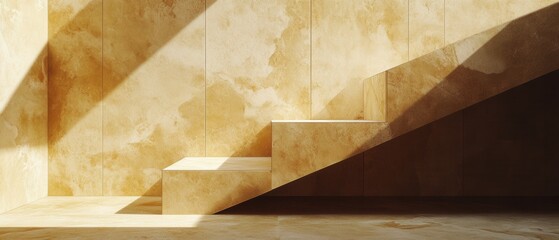 Poster - Elegant beige marble staircase bathed in warm sunlight casting shadows on a textured wall creating a minimalist architectural scene