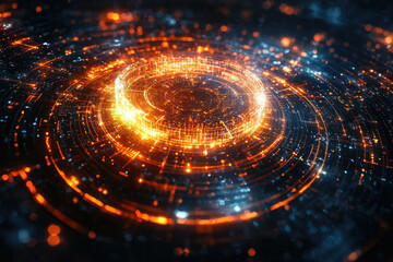 Poster - Abstract digital artwork depicting glowing circular patterns and interconnected lines, representing technological advancement and data flow.