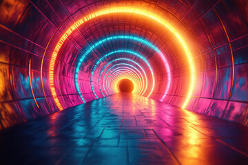 Poster - Neon-lit circular tunnel with vibrant pink, blue, and orange hues, creating a futuristic and surreal atmosphere.