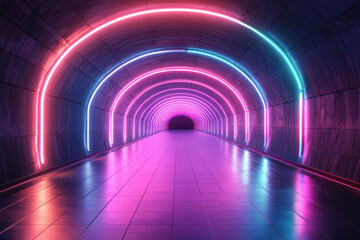 Poster - Neon-lit tunnel with pink and blue glowing circles, creating a futuristic and vibrant atmosphere.