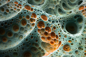 Poster - Abstract 3D render of a porous, textured surface with teal and orange bubble-like formations.
