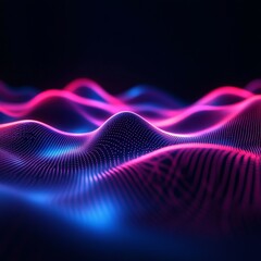 Poster - Abstract Glowing Waves: A Digital Landscape of Vibrant Pink and Blue Light Forming Dynamic Hills