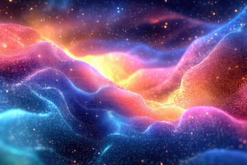 Aufkleber - Abstract cosmic landscape with vibrant, swirling nebulae and glittering particles, evoking a sense of wonder and vastness.