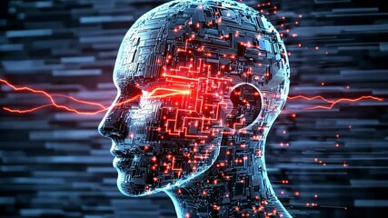 Poster - Futuristic Head with Glowing Circuits and Energy Beams - Digital Brain Connectivity and Artificial Intelligence Concept
