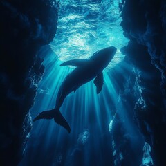 Poster - a majestic humpback whale bathed in sunbeams under the sea's surface, navigating through a dramatic 