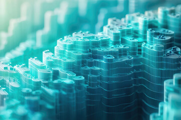 Poster - Abstract teal digital landscape, resembling a futuristic city skyline with grid-like structures.