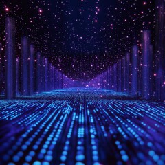 Poster - Digital Cityscape: A Neon Grid of Data and Light Ascending into a Starry Night Sky