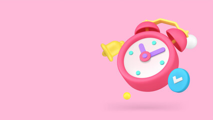 Poster - Alarm clock ringing with check mark deadline time management banner copy space vector illustration. Important meeting event announcement agenda reminder data planner organization