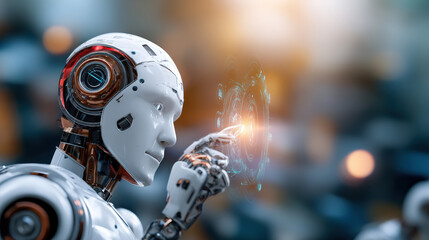 Aufkleber - futuristic AI robot interacts with glowing holographic interface, showcasing advanced technology and innovation in robotics. scene is set in high tech environment