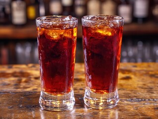 Poster - Two tall glasses filled with refreshing dark rum and cola cocktail drink on a rustic wooden bar top