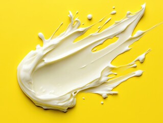 Poster - Creamy white lotion swirl on vibrant yellow background showcasing smooth texture and skincare product concept for cosmetic advertising
