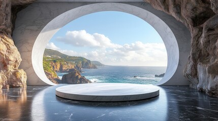 Poster - Serene Coastal Vista Framed by Marble Archway Platform Displaying Tranquil Ocean View and Cliffside Scenery in a Natural Cave Setting with Bright Sky