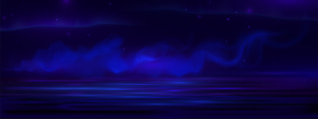 Wall Mural - starry night sky and mist above water surface. vector realistic illustration of bright stars in dark