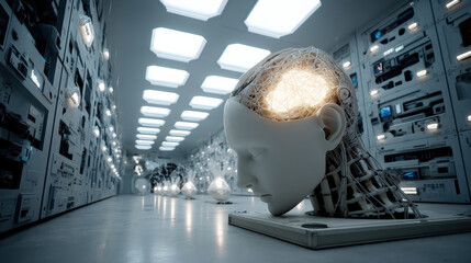 Leinwandbilder - futuristic laboratory features glowing artificial intelligence core inside robotic head, surrounded by advanced technology and equipment, evoking sense of innovation