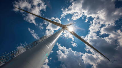 Poster - towering wind turbine stands against vibrant blue sky, with sunlight peeking through its blades, creating dramatic and inspiring scene