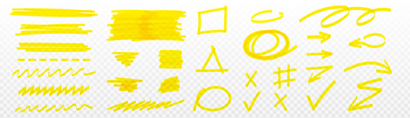 Poster - Yellow highlight marks set - hand drawn lines and circles, arrows and symbols for underlining text fragments, adding notes or making corrections. Bright highlighter strokes on transparent background.