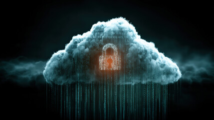 Leinwandbilder - digital padlock is embedded within cloud, surrounded by binary code, symbolizing secure cloud computing and data protection. image conveys sense of security and technology