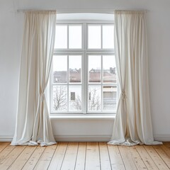 Poster - Bright interior featuring a window with white curtains and wooden floor creating a cozy and inviting atmosphere with natural light and neutral tones