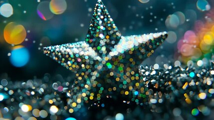 Poster - Festive star decoration shimmering with iridescent glitter, lying on shiny tinsel in a shallow focus, abstract background
