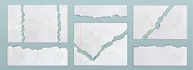 Poster - Ripped paper sheets set with checkered grid and torn edges. Realistic horizontal, vertical copybook note scraps with ragged borders. Vector torn notebook page elements for collage scrapbooking design.