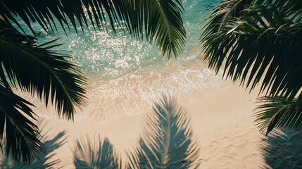 Aufkleber - Overhead view of palm fronds framing a sandy beach and turquoise ocean, showcasing tropical tranquility and summer vacation vibes