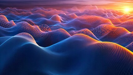 Poster - Abstract landscape featuring interconnected networks, waves, glowing sun, illuminated by gradients and colors