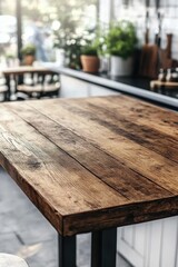 Poster - Rustic Wooden Tabletop in Bright Cafe Setting with Blurred Background and Natural Light Creating a Warm and Inviting Atmosphere for Food Photography